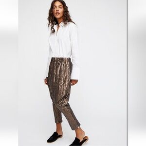 ONE X ONETEASPOON  For FREE PEOPLE Shiny Sequin Hareem Trousers SZ M BRNZ/BRN